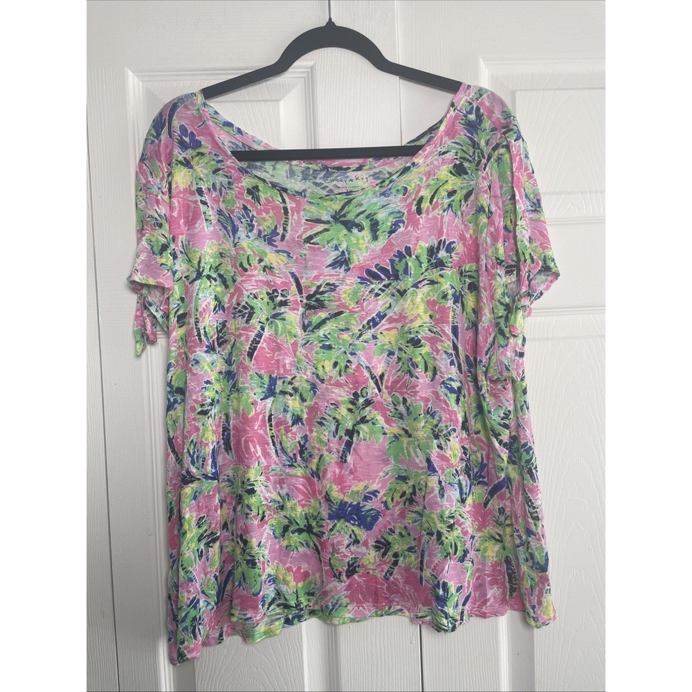 Casey Key Tropical Palm Tree Top Womens 1X Pink Green Rayon Tie Sleeve Resort L
